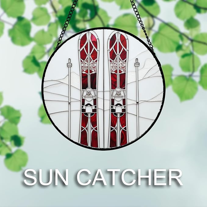 AMDERVEN Stained Glass Window Hanging 4 Pcs Set Winter Skiing Red Christmas House Large 11.8" - Suncatcher Door Garden Sun Catcher Decor Birthday Mother's Day for Mom Woman Nana Friend