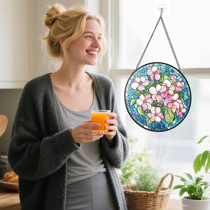 Stained Glass Suncatchers Window Hanging, Flowers Sun Catchers Indoor Window Stained Glass Hanging Garden Decor, Birthday Gifts for Mom Grandma Aunt Sister Bestie 6.3 in