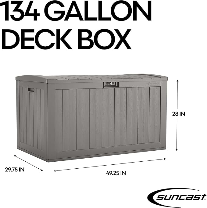 Suncast 134-Gal. Waterproof Resin Extra-Large Outdoor Patio Deck Box with Pad-Lockable Lid, Modern Outdoor Patio Bench/Storage Box for Cushions, Garden Tools, and More, Dove Gray