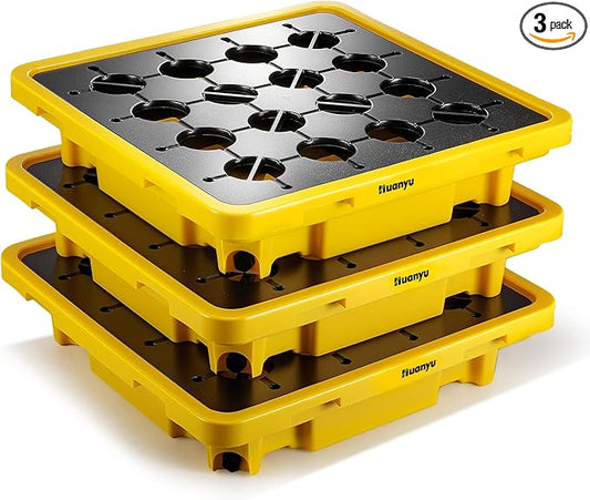 Huanyu Spill Containment Pallet Modular Spill Containment Tray Platform with Drain Outlet 1 Drum Capacity 200L 26.4 x 26.4 x 6 Inches Load 800kg 1763lb (3 Pcs)