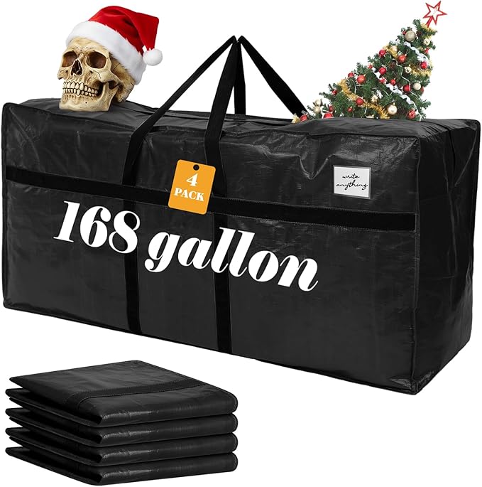 Windyun 4 Pack 168 Gallon Extra Large Storage Bags XXL Moving Bags with Zipper Handles Heavy Duty Jumbo Big Tote Box for Christmas Tree Storage 4, 5, 7.5, 9, 10, 12 ft Skeleton College Dorm(Black)
