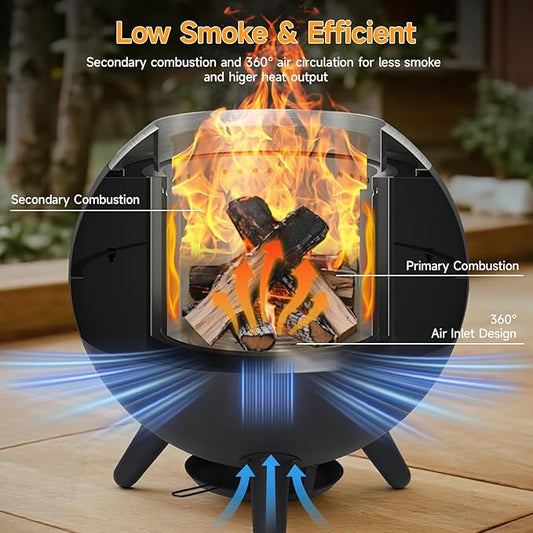 26 Inch Smokeless Firepit, Outdoor Smokeless Fire Pit with Grill, Waterproof Lid and Bag, 2 in 1 Fire Pits for Outside Wood Burning, Stainless Steel Potable Fire Pit for Bonfire, Camping, Picnic