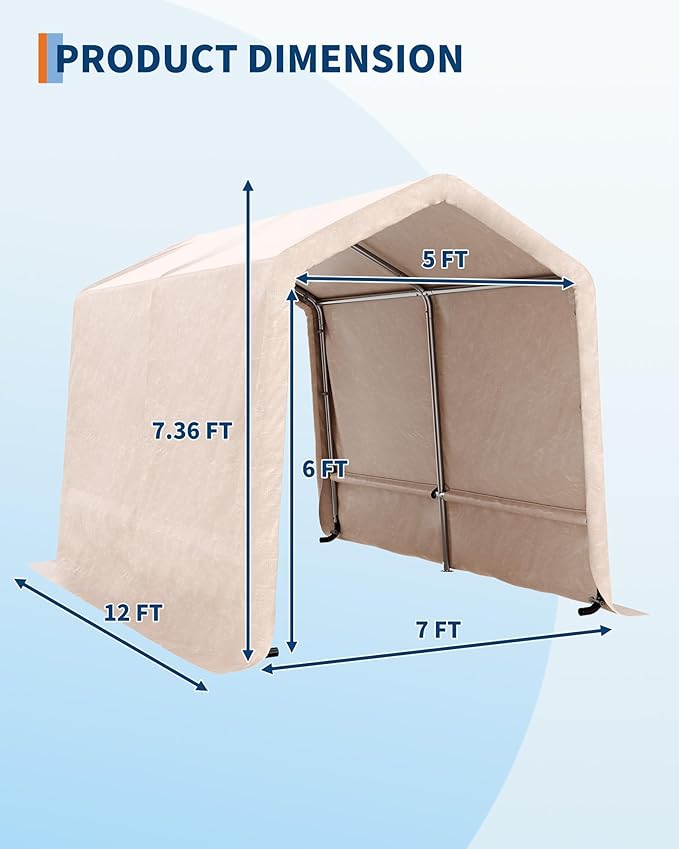 7X12 FT Heavy-Duty Portable Outdoor Storage Shed with Roll-Up Zipper Door & Vent, 240g Waterproof Carport Storage Shelter, UV-Resistant Canopy for Motorcycle, Firewood, Tools -Gray ﻿
