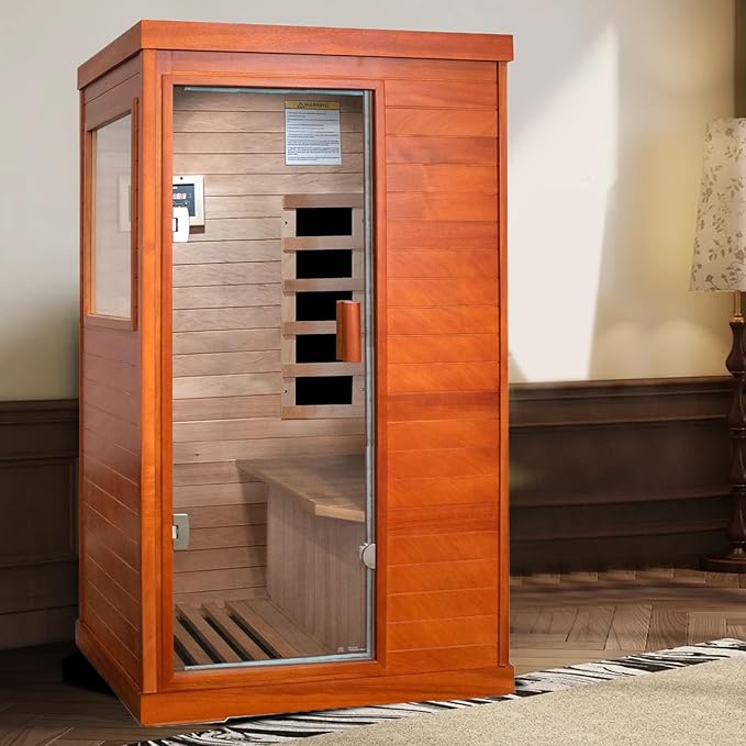 RIGO Far Infrared Sauna for Home Dry Sauna for Home Wood Sauna Room 1 Person Infrared Sauna Indoor One Person Sauna Low EMF Okoume Wood Sauna with Control Panel, Speakers and Tempered Glass Door