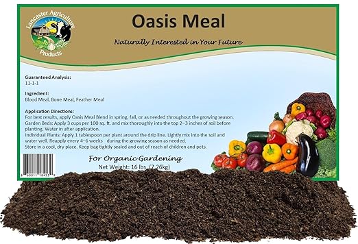 Oasis Meal 16 pounds Organic Nitrogen Fertilizer | Natural Blend of Feather, Bone & Blood Meal Mix for Vegetables, Trees, Shrubs & Gardens- Lancaster Agriculture Products