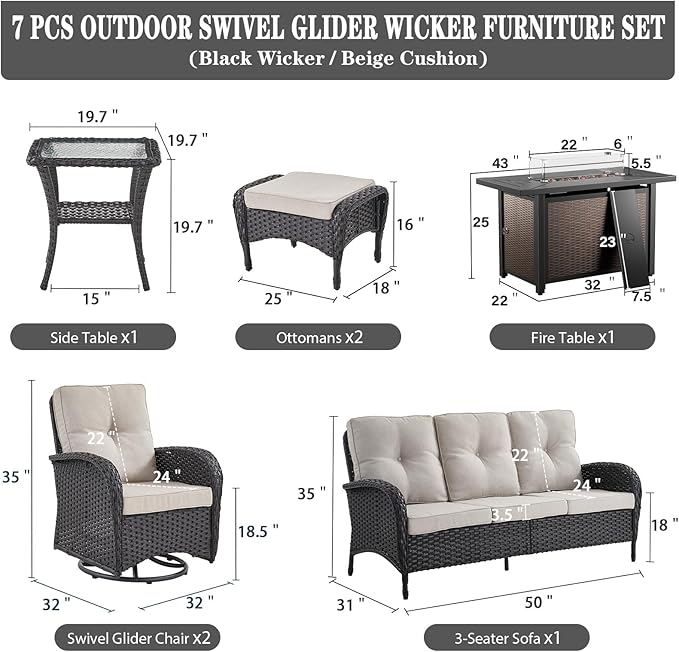 Belord 8 Piece Patio Furniture Set with 50000 BTU Propane Fire Pit Table, Outdoor Conversation Set with 2 Swivel Rocker Chairs Wicker Sofa and Ottomans for Casual Gatherings Black