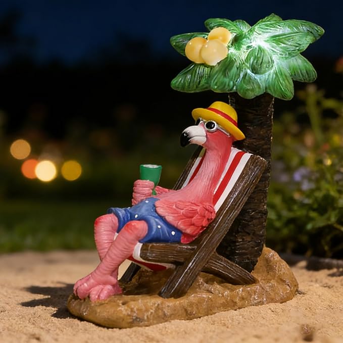 EPTUEGA Pink Flamingos for Yard-Solar Garden Statues Gifts - Flamingos on Beach Vacation Light up Coconut Tree for Outdoor Lawn Yard Decor