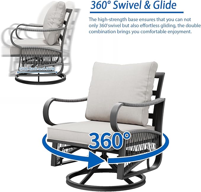 4 Piece Patio Furniture Set, All Weather Metal Outdoor Conversation Set with Swivel Chairs, Thick Cushions and Coffee Table for Garden, Porch, Lawn, Beige