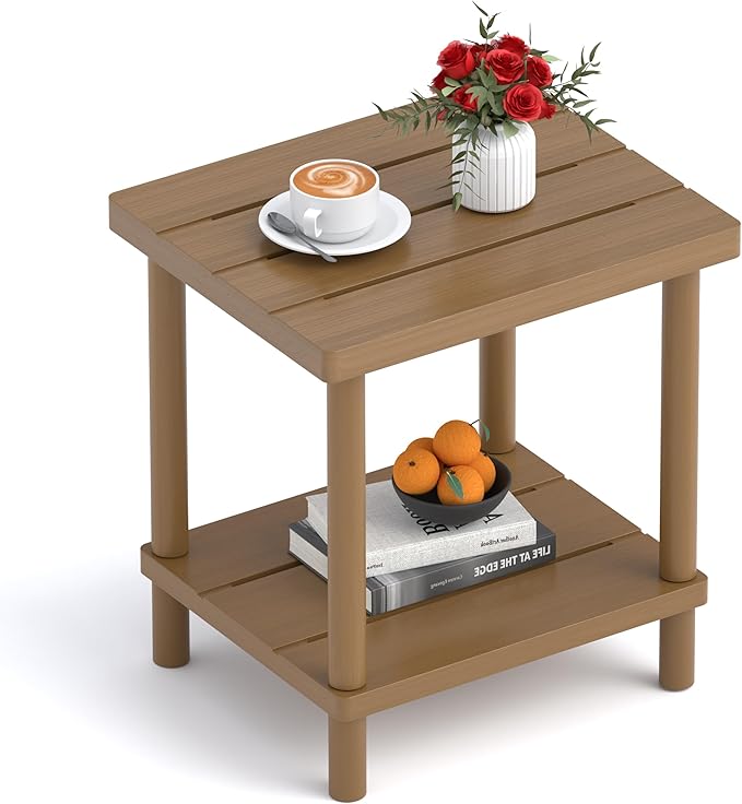 LEJANEOYE Outdoor Side Table, 2-Tier Small Outdoor Table for Patio, Adirondack Side Tables for Outside or Indoor, Bamboo End Table for Pool, Porch, Weather Resistant Easy Maintenance,Brown
