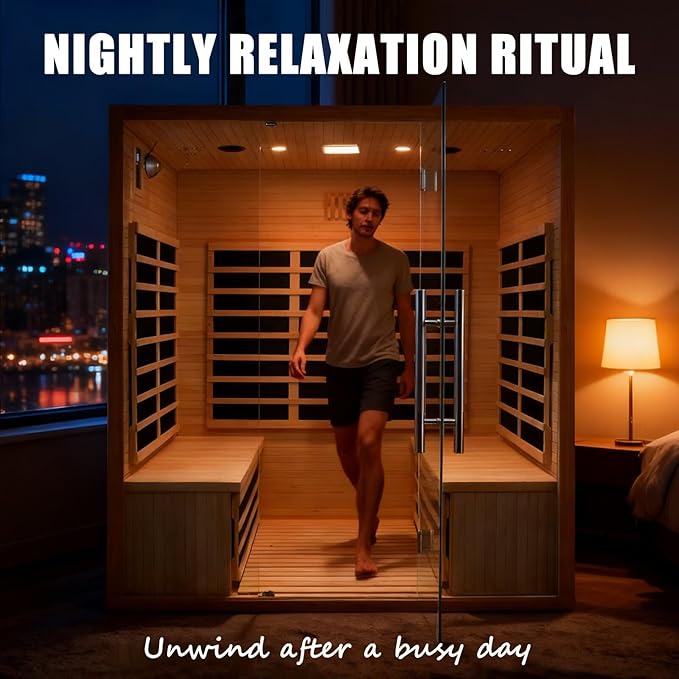 Deluxe Far Infrared Sauna, 3-4 Person, Low EMF Carbon Heaters, Canadian Hemlock Wood, Full-Spectrum, Bluetooth, Chromotherapy Light, 1750x1200x1900mm Gift for Home