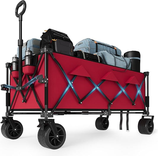 52" Foldable Wagon for Beach with 460LBS Weight Capacity, Heavy Duty 350L Extra Large Collapsible Foldable Wagon for Camping, All Terrain Beach Wagons Extended with Cup Holders for Sand