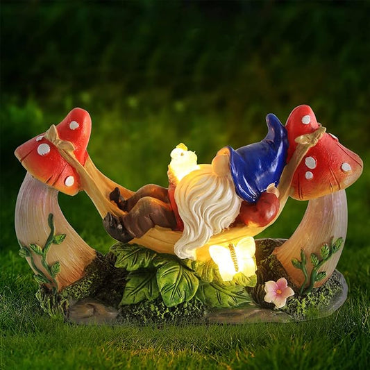Sinhra Outdoor Garden Gnome Statue,Solar Gnomes Figurine Lying on Hammock with Bird and Mushrooms,Outdoor Garden Decoration for Patio Yard Lawn Porch,Gifts for Mom/Grandma/Women