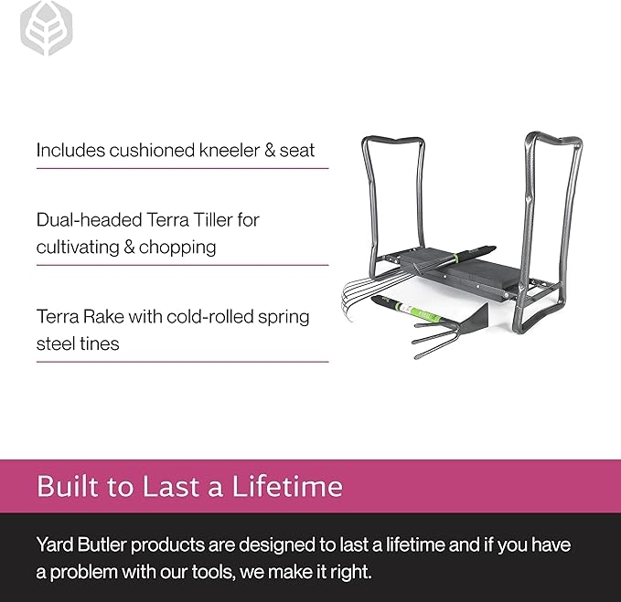 Yard Butler - Garden Kneeler/Seat with Terra Rake and Terra Tiller - Gardening Tools & Supplies Set Perfect for Gardeners - Ergonomic & Durable Designs