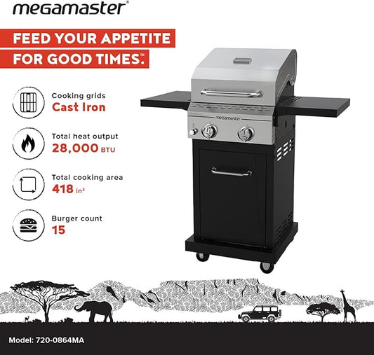 Megamaster Deluxe 2-Burner Gas Grill with Foldable Side Tables, 418 SQ In Cooking Space, 28000 BTUs, Stainless Steel Lid, Propane BBQ Grill for Outdoor Cooking, Patios, Backyards and More - 720-0864MA
