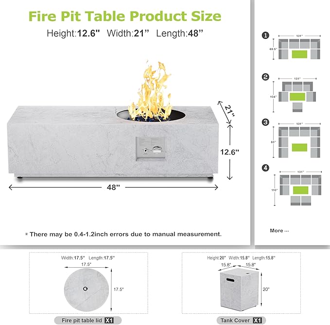 48" Stone-Look Propane Fire Pit with Round Burner – 50,000 BTU Fire Pit Table with Lid, Rocks, Cover and Tank Storage – Outdoor Fire Pit Propane (Stone-Look Marble, 48" Standard)