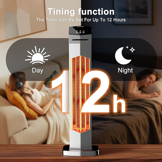 AKIRES Outdoor Electric Patio Heater,37IN 1500W Infrared Tower Heater with Instant Heating,Tip-Over & Overheat Protection,IP54 Waterproof Space Heater For Patio Garage Indoor & Outdoor Use,Silver