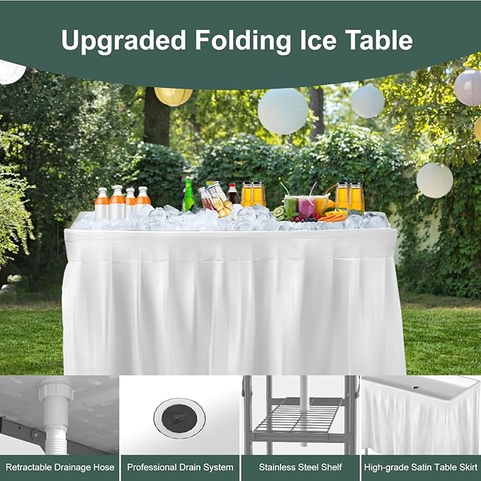 IWDOO 4 Foot Led Ice Cooler Table, Outdoor Cooler Table with Removable Matching Skirt LED Light Strip Drain Plug and Shelf, Folding Ice Tables for Party, BBQ, Camping, Picnic