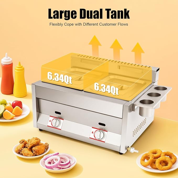 LYNICESHOP Stainless Steel Countertop Gas Fryer, Commercial LPG Gas Deep Fryer with 2 Basket Propane LPG Oil Frying Pot Kitchen Frying Machine Snack Fryer For French Fries Restaurant Home Kitchen