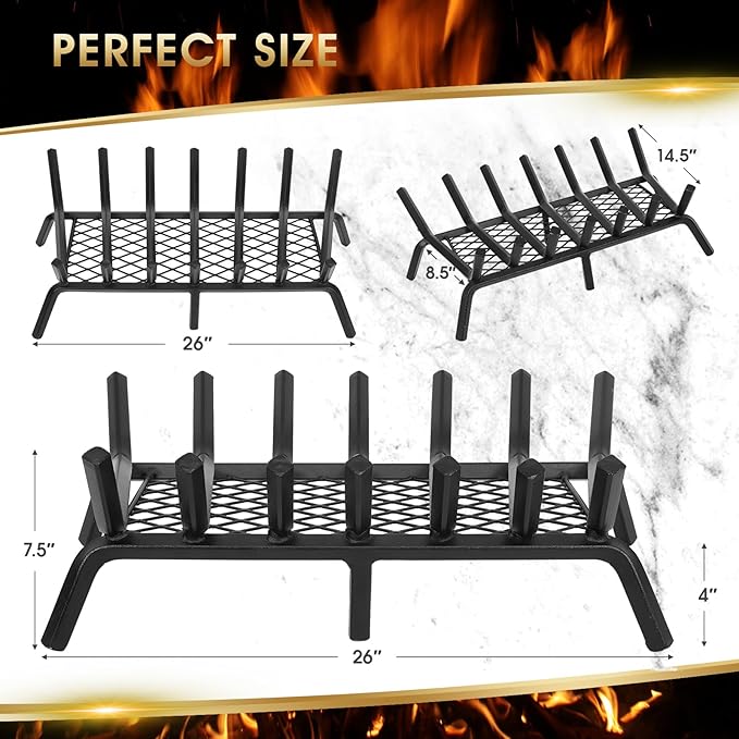 G GOOD GAIN Fireplace Grate with Ember Retainer, 26" Heavy Duty Steel Indoor, Chimney Hearth Wood Stove Rack Holder,1/2 Bar Fire Place Asseccories for Outdoor, Fire Pits, Camping.