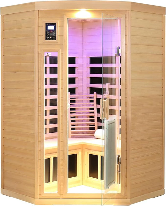 Infrared Sauna Home Sauna Box Deluxe 2 Person Hemlock Far Infrared Sauna Corner Indoor Far Infrared Sauna Room with LED Reading Light, Control System, Bluetooth, Natural