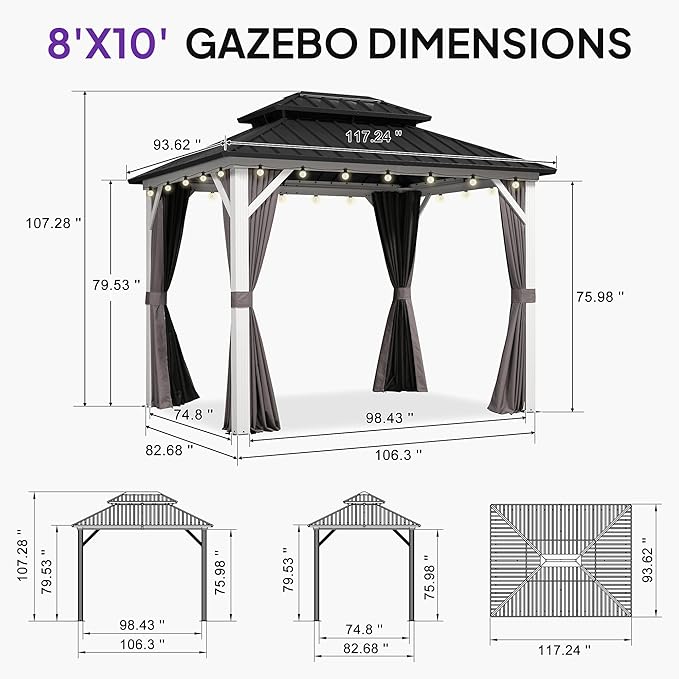 PURPLE LEAF 8' X 10' Outdoor Gazebo Galvanized Steel Double Roof White Aluminum Frame Hardtop Heavy Duty Gazebo with Curtain and Netting for Patio Garden and Backyard, Grey