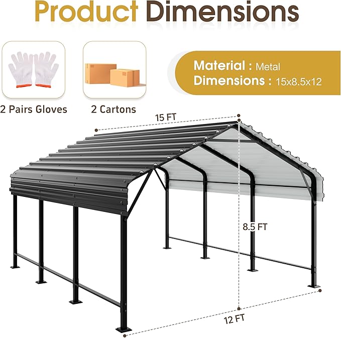JAMFLY Carport, Heavy Duty Carport Canopy with Galvanized Steel Roof and Frame, Metal Car Garage Upgraded Extra Large Garage for Pickup, Boat, Car and Tractors