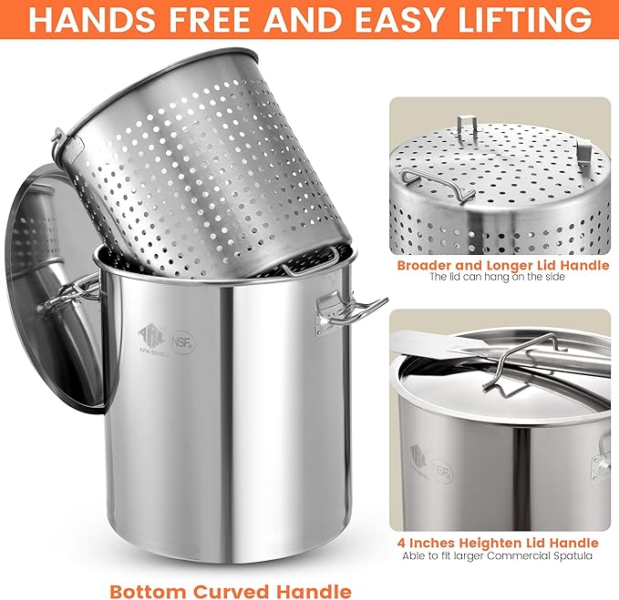 ARC 84QT Stainless Steel Seafood Boiling Kit with Strainer and 200,000BTU Propane Stove, Crab Crawfish Boil Pot and Burner for Outdoors Cooking and Steaming, Large Stockpot, Non-Assembly