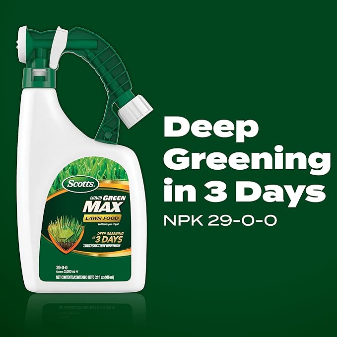 Scotts Liquid Green Max Lawn Food: 2,000 sq. ft., 2-in-1 Fertilizer and Iron Supplement, Use on Any Grass Type, 32 oz.