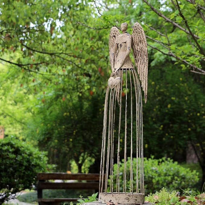 K KILIPES 32" H Metal Angel Garden Statue, Antique Angel Statue Sculpture Lawn Ornament Outdoor Patio Yard Decoration Valentine's Day Gift