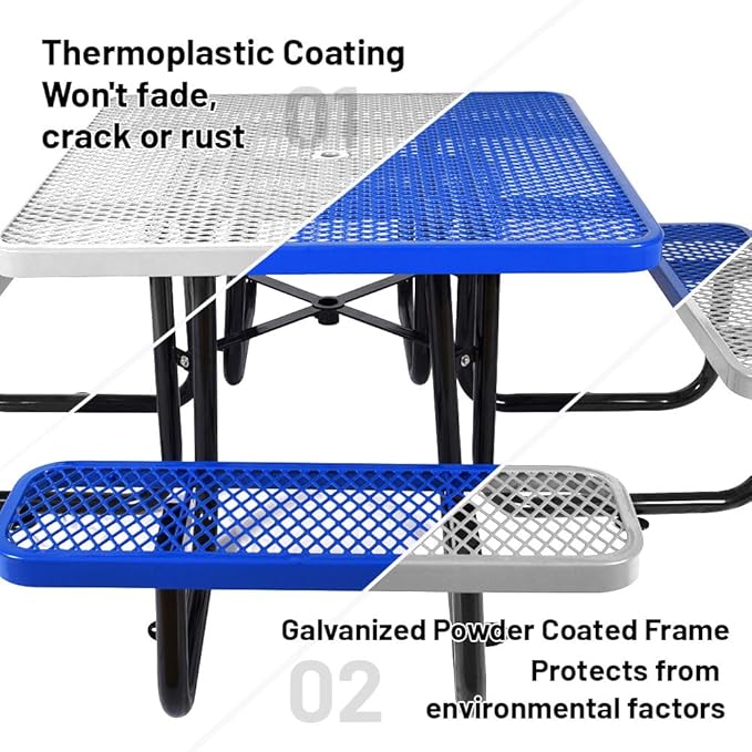 Rueekfil 46" Thermoplastic Picnic Table with Umbrella Hole up to 1.5", Heavy Duty Commercial Picnic Table for Outdoor, Family & Party Ready for School Camping, Square, Blue