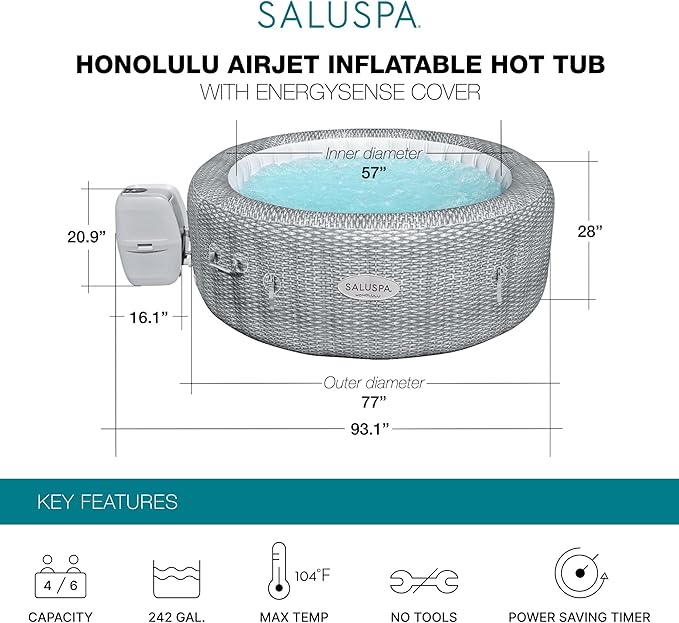Bestway SaluSpa Honolulu AirJet Large Round 4 to 6 Person Inflatable Hot Tub Portable Outdoor Spa with 140 AirJets and EnergySense Cover, Grey