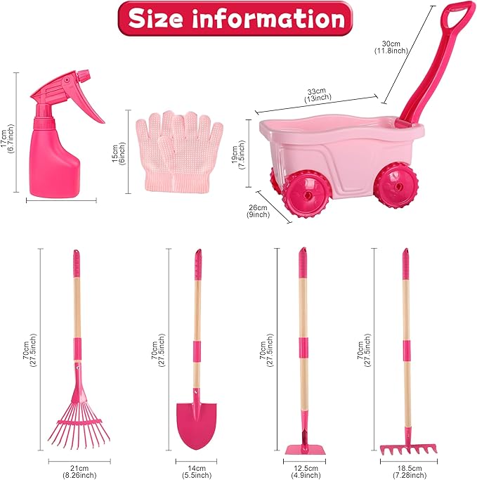 Duckura Kids Gardening Tools Set - 7pcs Wheelbarrow Set for Kids with Shovel, Rake, Leaf Rake, Summer Outdoor Yard Digging Weed Toys, Valentine's Birthday Gifts for Boys Girls Age 2 3+ Years Old(Pink)