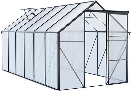 6×12 FT Black Polycarbonate Greenhouse for Outdoors with Heavy-Duty Aluminum Frame, Walk-in Green House Kit with Raised Base, Sliding Door & Adjustable Roof Vent, Large Outdoor Greenhouse