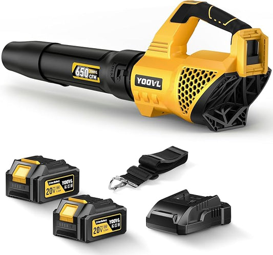 Leaf Blower Cordless, 650CFM Electric Leaf Blowers with 2 x 5.2Ah Batteries and Charger, 3 Speed Modes, 1 x Adjustable Shoulder Strap, Powerful Blowers for Lawn Care, Patio, Dust, Blowing Leaves