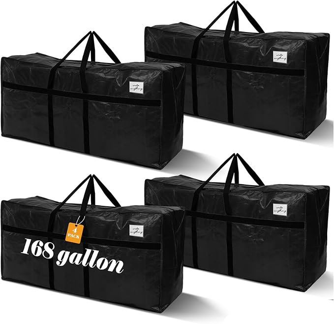Windyun 4 Pack 168 Gallon Extra Large Storage Bags XXL Moving Bags with Zipper Handles Heavy Duty Jumbo Big Tote Box for Christmas Tree Storage 4, 5, 7.5, 9, 10, 12 ft Skeleton College Dorm(Black)