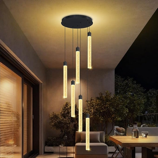 6-Light Black Modern Crystal Spiral Chandelier for Staircase High Ceiling Chandeliers Bubble Crystal Chandelier Lighting Cluster Hanging Light Fixture for Living Room Foyer