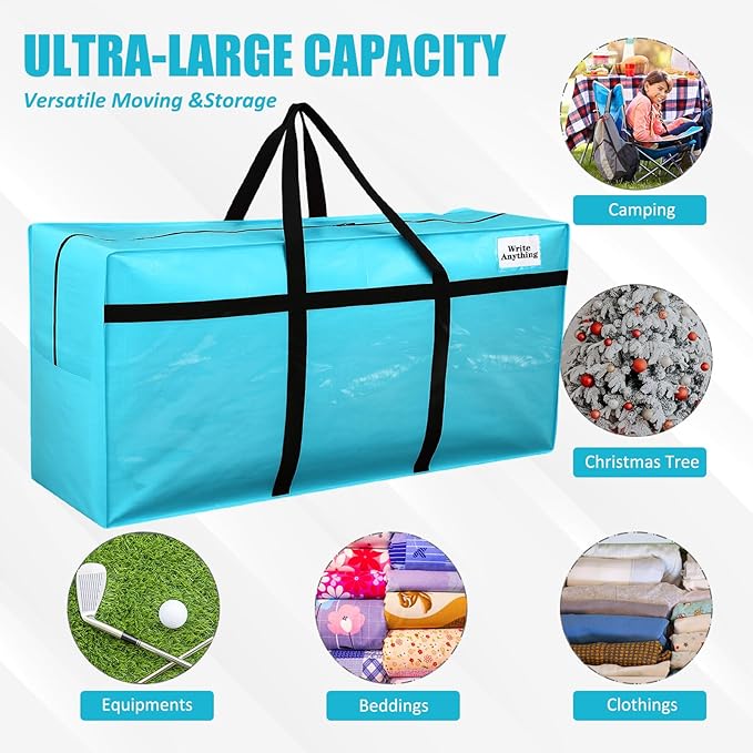 Windyun 4 Pack 69 Gallon Extra Large Storage Bags XXL Moving Bags with Zipper Handles Heavy Duty Jumbo Big Tote Box for Christmas Tree Storage 4, 5, 7.5, 9, 10, 12 ft Skeleton College Dorm(Lake Blue)