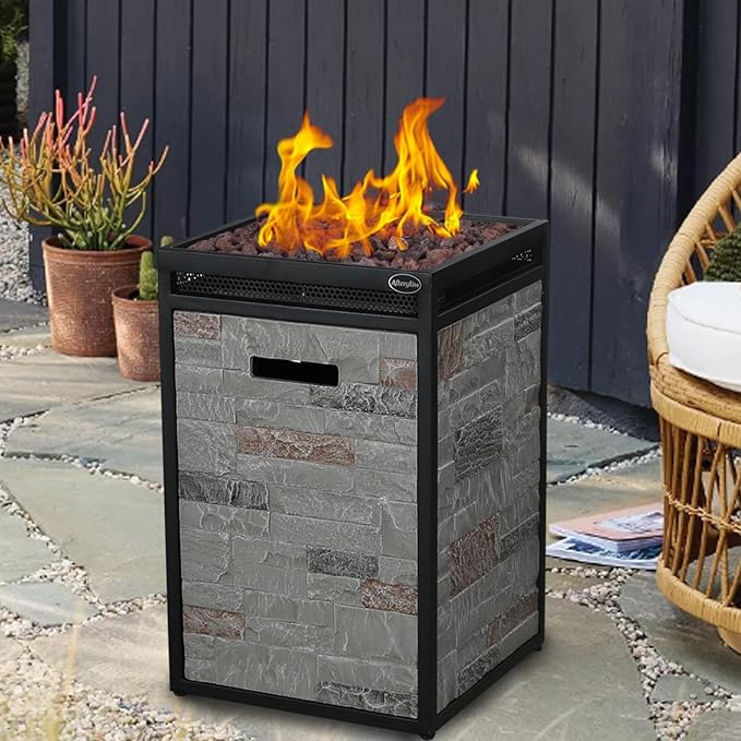 Afterglow Terrafab Grey Panels with Steel Frame 16" Square 40,000 Btu Propane Fire Column Outdoor Wood Effect Fire Pit for Outdoor Patio Garden Backyard Decking Decor CSA Certificated