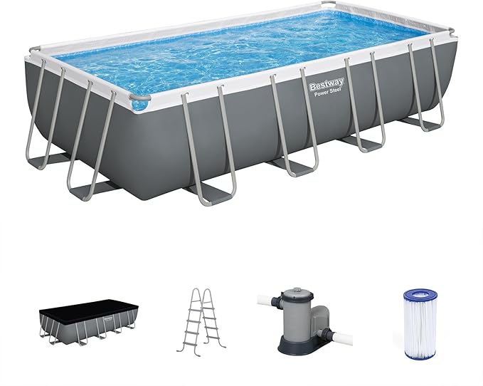 Bestway Power Steel 18' x 9' x 48" Rectangular Metal Frame Above Ground Swimming Pool Set with 1,500 GPH Filter Pump, Ladder, and Pool Cover