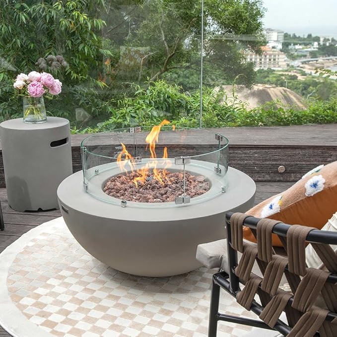 Modeno Roca Outdoor Fire Pit Propane Table 34 Inches Round Firepit Concrete Patio Heater Electronic Ignition Backyard Fireplace Cover Lava Rock Included Liquid Propane