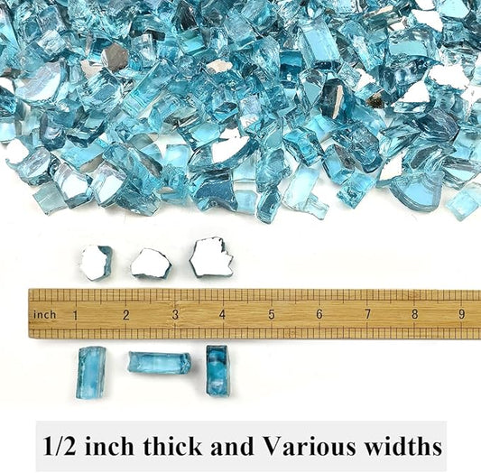 Fire Glass for Propane Fire Pit, 1/2 Inch High Reflective Fireplace Glass Rocks for Fire Pit Table, 10 lbs Fire Pit Glass Rocks for Outdoor Fire Table and Landscaping, Aqua Blue