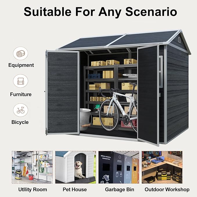 Storage Shed 8x6 ft Outdoor Resin Shed with Floor, Plastic Sheds with Two Windows and Lockable Double Door, Waterproof Garden Shed with Vents, Tool Sheds for Backyard, Patio, Lawn, Black