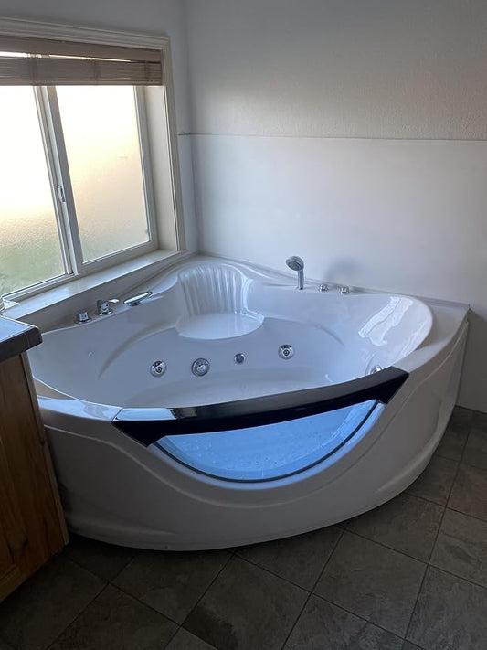 59x59 Inch Corner Bathtub for 2 Person, 6 Jet Whirlpool Tub withChromatherapy LED Lights, Acrylic Soaking Tub with Hydro Massage, Includes Faucet & 2 Bath Pillows (white-2)