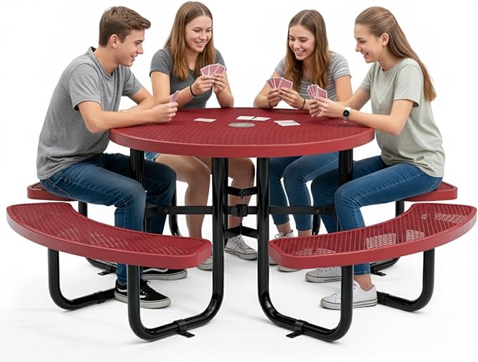 OUTTANS Metal Picnic Tables for Outdoors with Umbrella Hole - Coated Steel Heavy Duty Commercial Grade Furniture Set with Adjustable Seats (Red, 46 in, Round, Expanded Steel)