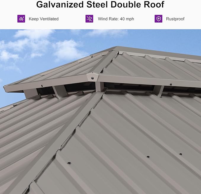 PURPLE LEAF 12' x 14' Outdoor Hardtop Gazebo, Champagne Aluminum Frame with Galvanized Steel Double Roof, Curtains and Netting for Patio Lawn and Garden