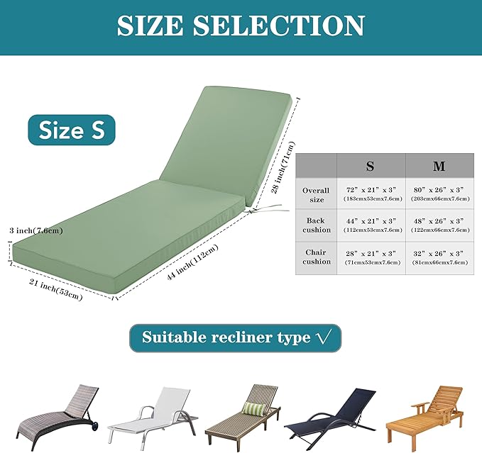 Outdoor Chaise Lounge Cushion Set of 2, Fadesafe Water-Repellent Lounge Deck Reclining Chair Cushions for Patio Furniture Lawn Pool Resort Hotel, 80x26x3 Inch, Sage Green