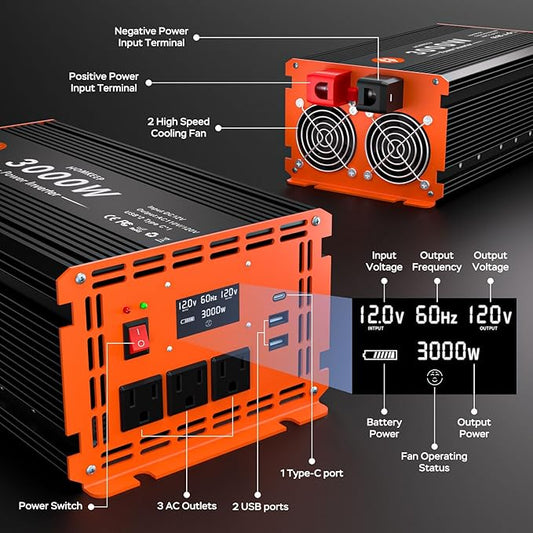 3000 Watt Power Inverter 12V DC to 110V/120V AC Converter Peak Power 6000W Car Inverter with LCD Display 2 AC Outlets USB Port Cables Included for RV,Truck,Off-Grid Solar System Remote Controller