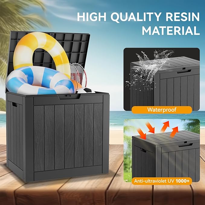 NUNU LAB 35 Gallon Outdoor Storage Box Waterproof, Outside Package Delivery Deck Boxes with Lockable Lid, Backyard Storage Bin For Garden Tools, Patio Cushions, Pool Accessories, Black
