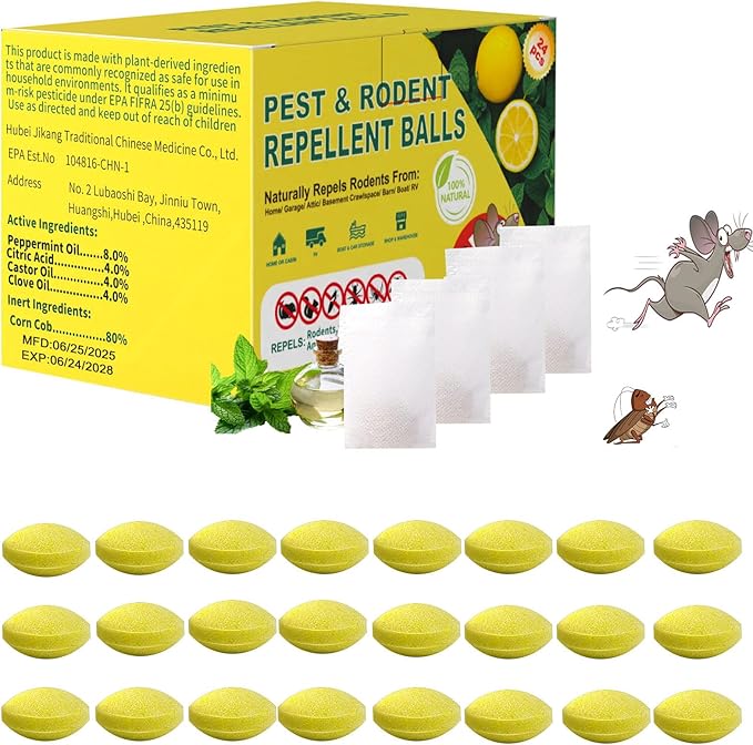 【𝐇𝐢𝐠𝐡𝐥𝐲 𝐄𝐟𝐟𝐞𝐜𝐭𝐢𝐯𝐞】 Mouse Repellent Repellent,Peppermint Lemon Oil Balls for Rats Mice Deterrent with Natural Peppermint Oil Long-Lasting Indoor & Outdoor Use-24 Pcs