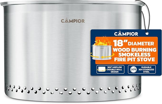 Smokeless Fire Pit, 18" Portable 304 Stainless Steel Outdoor Stove with 360° Airflow Design, Removable Ash Pan, Easy Setup, for Backyard, Camping, and Garden Gathering, Wood Burning Fire Pit